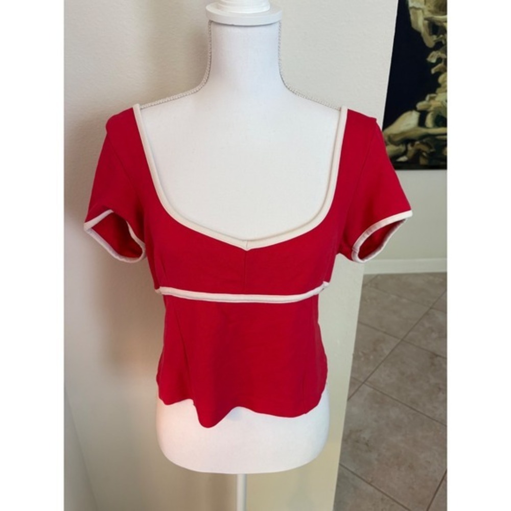 Maeve by Anthropologie Red Square Neck Short Sleeve Top XL Made in Turkey
